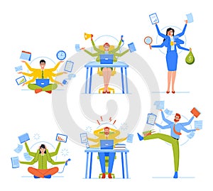 Set of Business People With Many Arms Doing Multiple Tasks At The Same Time in Office. Worker Multitasking Skills