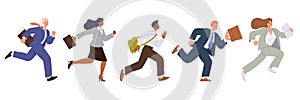 Set of business people or office worker characters running fast, rushing and hurrying to goal