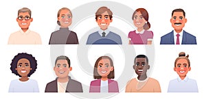 Set of business people portraits. Collection of avatars of men and women of different nationalities. Office workers characters