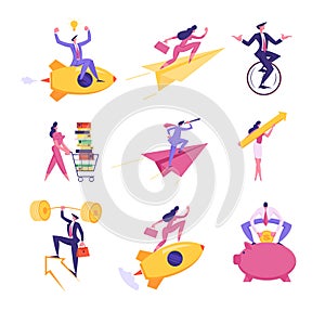 Set of Business People Seek to Success. Businessman and Businesswoman Riding Rocket, Paper Airplane and Monowheel