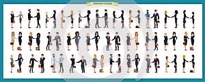 Set of business people and situations. Presentation, agreement, a handshake, work,standing,arms crossed. Vector