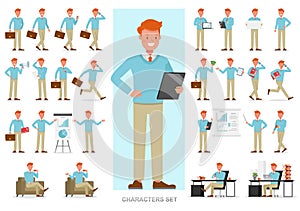 Set of business people working character vector design. Presentation in various action with emotions, running, standing and