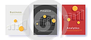 Set of business posters with 3d illustration of bar chart with coins