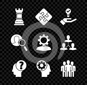 Set Business strategy, Piece of puzzle, Light bulb hand, Human head with question mark, gear inside, Users group