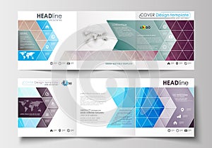 Set of business templates for tri-fold brochures. Square design. Leaflet cover, flat layout, easy editable blank