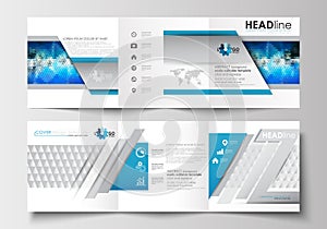 Set of business templates for tri-fold brochures. Square design. Leaflet cover, flat layout, easy editable blank