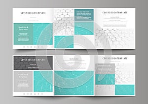 Set of business templates for tri fold square design brochures. Leaflet cover, abstract vector layout. Chemistry pattern