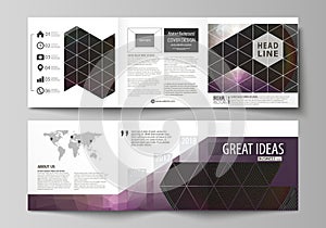 Set of business templates for tri fold square design brochures. Leaflet cover, flat layout, easy editable vector. Dark