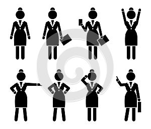 Set of business woman black silhouettes icons. Women in action. Businesswoman