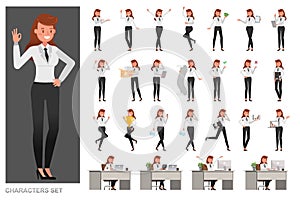 Set of business Woman character vector design. Presentation in various action with emotions, running, standing and walking. no4