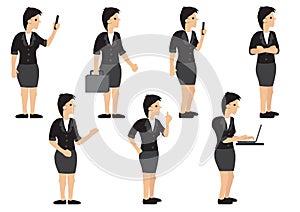 A set of business woman with different pose with his computer and mobile phone