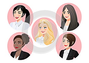 Set of business women faces in profile for pose 3-4 view character, Diversity. Avatars. Vector