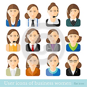 Set of business women icons in flat style. Different occupations age