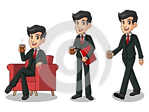 Set of businessman in black suit making a break with drinking a coffee