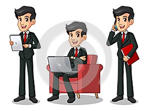 Set of businessman in black suit working on gadgets