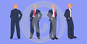 Set businessman in casual trendy clothes male cartoon character standing pose different angles view