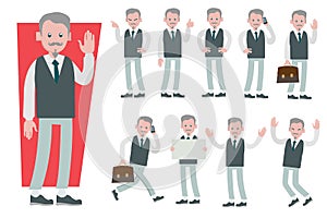 Set of Businessman character vector design doing different gestures. Presentation in various action with emotions, running, stand