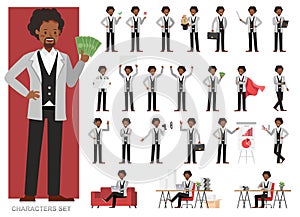 Set of businessman character vector design. Presentation in various action with emotions, running, standing and walking. People