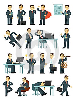 Set of businessman characters in different poses in flat style isolated on white background.