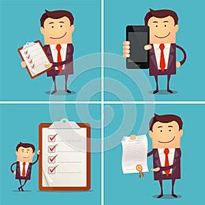 Set of businessman characters showing: smart phone, diploma, clipboard