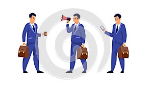 Set of businessman in different situations. Flat vector illustration isolated on white background