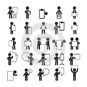 Set of businessman holding blank notes , Human pictogram Icons