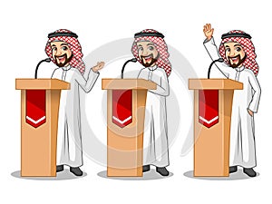 Set of businessman Saudi Arab Man giving a speech behind rostrum photo