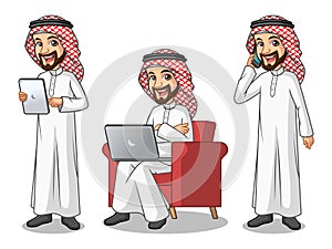 Set of businessman Saudi Arab Man working on gadgets