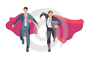 Set businessman and superwoman superhero actions running flight takeoff.