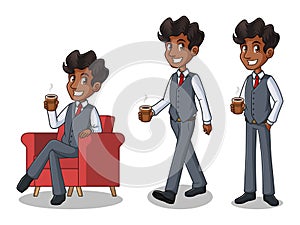 Set of businessman in vest making a break with drinking a coffee