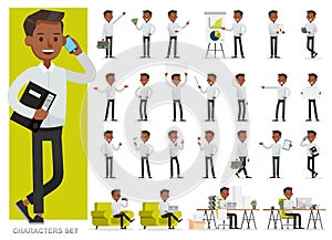 Set of businessman working character vector design. Presentation in various action with emotions, running, standing and walking