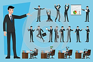 Set of businessmen in different type about work theme, presenting earnings, explaining products, discussing projects, working and