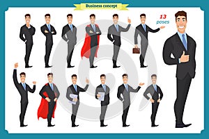 Set of businessmen presenting in various action.Happy man in business suit.People character.
