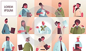 Set businesspeople in different poses mix race business people office workers in casual clothes