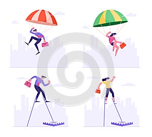Set of Businesspeople Falling Down with Parachute and Walking on Stilts Step into Trap Lying on Ground. Business People