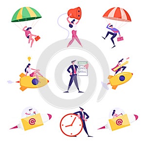 Set of Businesspeople Jumping with Parachute, Flying on Rocket, Stand with Huge Clock, Show Policy Insurance