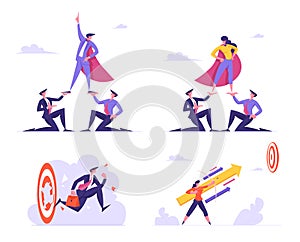 Set of Businesspeople Leadership and Goals Achievement. Business Man and Woman in Super Hero Cloak