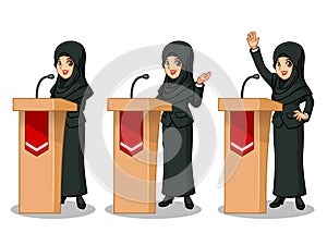 Set of businesswoman in black suit with veil giving a speech behind rostrum