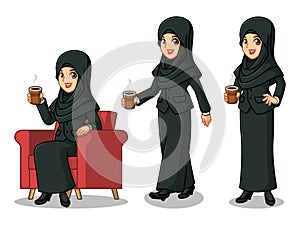 Set of businesswoman in black suit with veil making a break with drinking a coffee