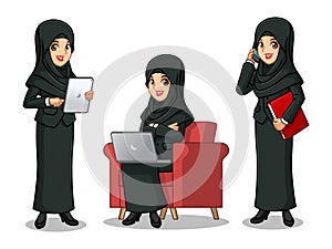 Set of businesswoman in black suit with veil working on gadgets