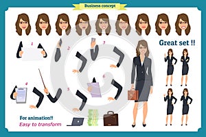 Set of Businesswoman character design with different poses.Illustration isolated vector. Women in office clothes. Business people.