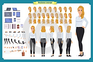 Set of Businesswoman character design. Front, side, back view animated character. Business girl
