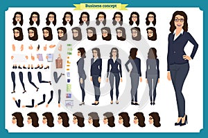 Set of Businesswoman character design.Front, side, back view animated character.Business girl. Cartoon, flat vector isolated