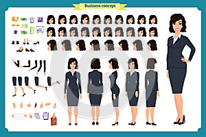 Set of Businesswoman character design.Front, side, back view animated character.Business girl. Cartoon, flat vector isolated