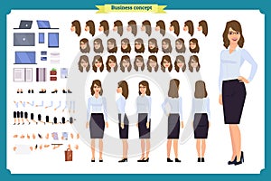 Set of Businesswoman character design.Front, side, back view animated character.Business girl character creation