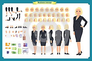 Set of Businesswoman character design.Front, side, back view animated character. Cartoon style, flat vector . photo