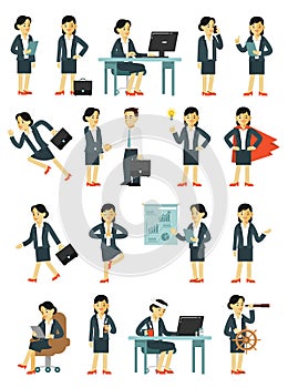 Set of businesswoman characters in different poses in flat style isolated on white background.