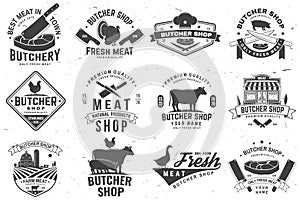 Set of butcher shop badge or label with cow, Beef, chicken. Vector. Vintage typography logo design with cow, chicken