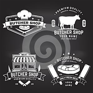 Set of butcher shop badge or label with cow, Beef, steak on chalkboard. Vector. Vintage typography logo design with cow