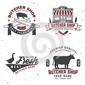 Set of butcher shop badge or label with cow, pig, goose. Vector. Vintage typography logo design with cow, pig, goose